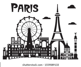 Paris City Skyline vector Illustration in black and white colors isolated on white background. Vector silhouette Illustration of landmarks of Paris,France.