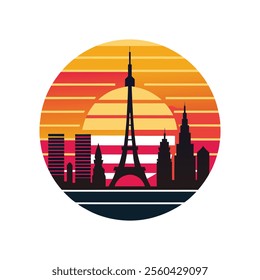 Paris City skylines Silhouette on Retro Vintage Background Vector Art illustration T-shirt design art