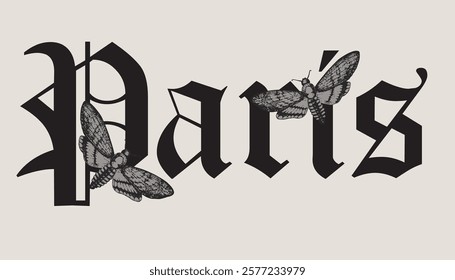 Paris city slogan with mothbutterfly urban design for t shirt, poster, streetwear, urban design, hoodie and other uses