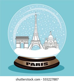 Paris City snow globe. Flat style vector illustration.