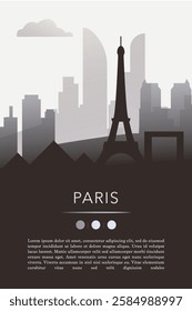 Paris city template for website, presentation, front page, invitation, publication sheet with skyline, landmarks. Vector France image layout, simple and grayscale