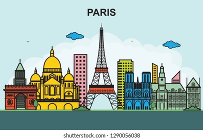 Paris City Tour Cityscape Skyline Colorful Illustration