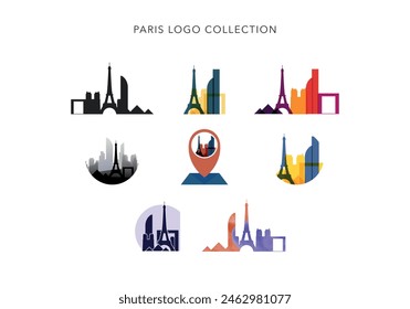 Paris city vector logo set. France capital modern skyline icons collection with cityscape and landmarks silhouette, isolated graphic concept