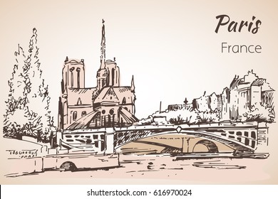 Paris cityscape. Cathedral Notre Dame de Paris. Sketch. Isolated on white background