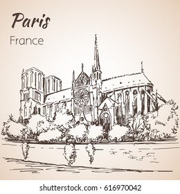 Paris cityscape. Cathedral Notre Dame de Paris. Sketch. Isolated on white background