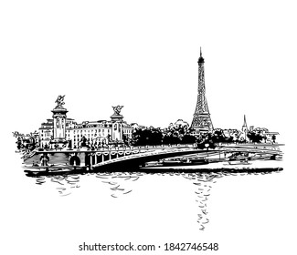 Paris cityscape. Eiffel tower, bridge Alexandre III and river Seine Vector sketch, landmark of Paris, Hand drawn illustration black and white