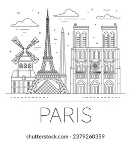 Paris cityscape line art cityscape with popular Paris attractions and architecture landmarks.