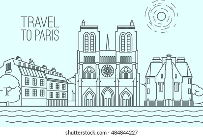 Paris cityscape with Notre-Dame de Paris and traditional houses. Beautiful vector illustration in modern style isolated on a light blue background. Paris main sights collection.