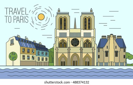Paris cityscape with Notre-Dame de Paris and traditional houses. Beautiful vector illustration in modern style isolated on a light blue background. Paris main sights collection.