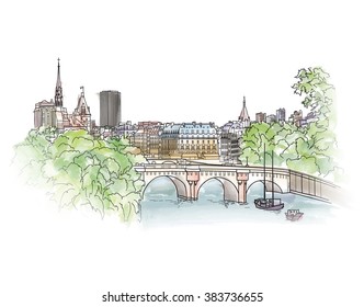 Paris cityscape with Seine Pont Neuf. Springtime old city view. Street shops and cafe in Paris city. Cityscape - houses, buildings and tree on alleyway. 