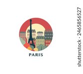 Paris cityscape, vector badge, flat skyline logo, icon. France city round emblem idea with landmarks and building silhouettes. Isolated graphic