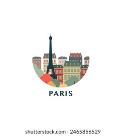 Paris cityscape, vector badge, flat skyline logo, icon. France city round emblem idea with landmarks and building silhouettes. Isolated graphic