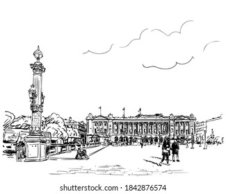 Paris cityscape vector drawing, famous Place de la Concorde, France capital hand drawn architecture sketch black ink