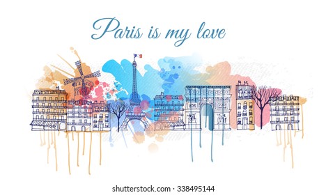 Paris cityscape vector illustration. Watercolor textur and hand drawn sketch