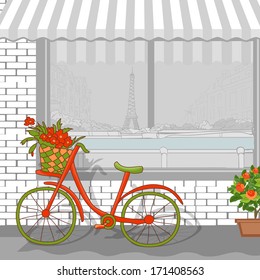 Paris cityscape. Windows reflection of the cityscape and bicycle in the street. Illustration