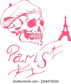 Paris composition with skull in beret and Eiffel Tower silhouette. Hand drawn skull vector illustration