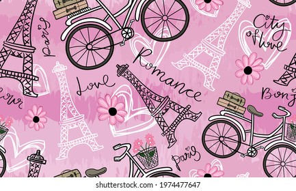 Paris concept with Eiffel Tower, bike and flowers seamless pattern texture background design for fashion graphics, textile prints, decors, wallpapers etc