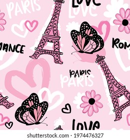 Paris concept with Eiffel Tower and butterflies seamless pattern texture background design for fashion graphics, textile prints, decors, wallpapers etc