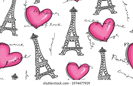 Paris concept Eiffel Tower drawings and pink hearts seamless pattern texture background design for fashion graphics, textile prints, decors, wallpapers etc