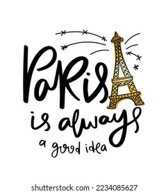 Paris concept text and gold Eiffel Tower drawing. Vector illustration design for fashion graphics, t shirt prints.