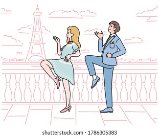 Paris Cute couple dancing funny on the Eiffel Tower background. hand drawn style vector design illustrations. 