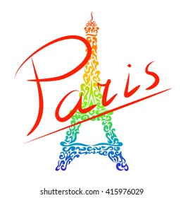 Paris and decorative Eiffel Tower. Color ornaments on white background. Vector Illustration.