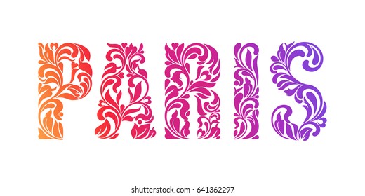 PARIS. Decorative Font made in swirls and floral elements isolated on a white background. 