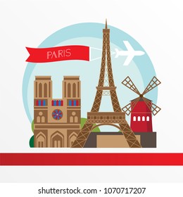 Paris, detailed silhouette. Trendy vector illustration, flat style. Stylish colorful landmarks. The concept for a web banner. Eiffel Tower - The symbol of France, Paris.