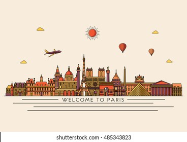 Paris detailed skyline. Vector background. line illustration