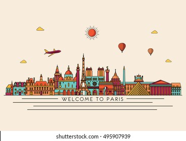 Paris detailed skyline. Vector background. line illustration