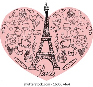 Paris doodle icons in heart shape