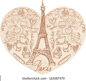 Paris doodle icons in heart shape