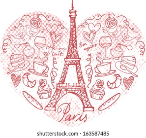 Paris doodle icons in heart shape