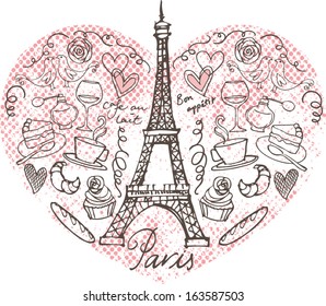 Paris doodle icons in heart shape