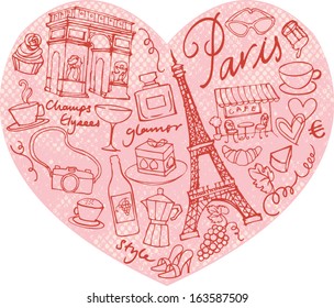 Paris doodle icons in heart shape