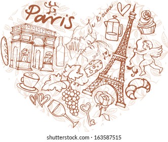 Paris doodle icons in heart shape