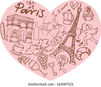 Paris doodle icons in heart shape