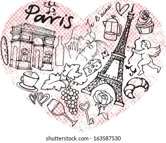 Paris doodle icons in heart shape