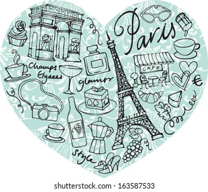 Paris doodle icons in heart shape