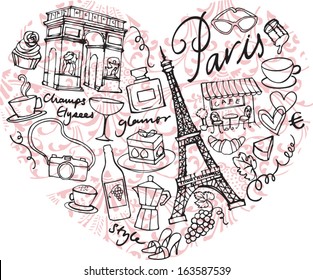 Paris doodle icons in heart shape