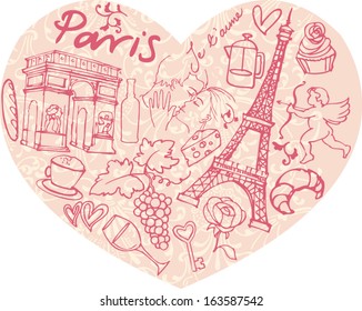 Paris doodle icons in heart shape