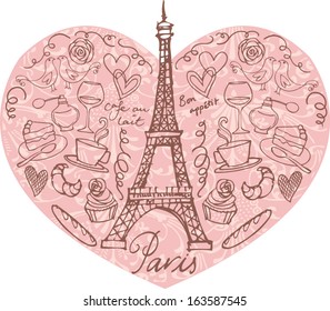 Paris doodle icons in heart shape