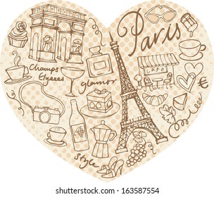 Paris doodle icons in heart shape