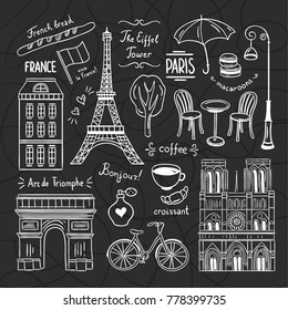 Paris doodle illustrations vector set. Hand drawn France icons and traveling symbols