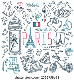 Paris doodle set. Popular French landmarks, food and attractions. Vector drawings. Outline stroke is not expanded, stroke weight is editable.	