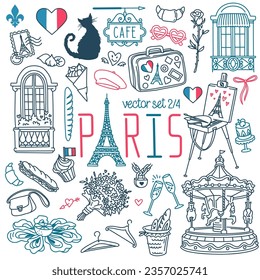 Paris doodle set. Popular French landmarks, food and attractions. Vector drawings. Outline stroke is not expanded, stroke weight is editable.	