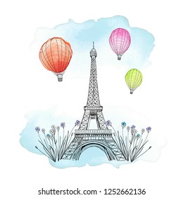 Paris Doodle Sketch Card. Eiffel Tower, balloons and wildflowers composition.