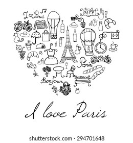 Paris doodles elements. Hand drawn set with eiffel tower bred cafe flowers and bicycle. Drawing doodle collection, in heart shape, isolated on white background.