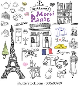 Paris rabisca elementos. Conjunto desenhado à mão com torre eiffel criado café, arco triunfo táxi, catedral de Notre Dame, elementos de moda, gato e bulldog francês. Desenho coleção doodle, isolado em branco.