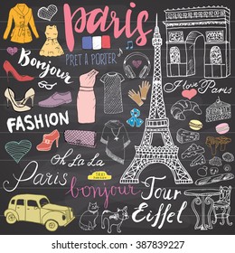 Paris doodles elements. Hand drawn set with eiffel tower bred cafe, taxi triumph arch, Notre Dame cathedral, fashion elements, cat and french bulldog. Drawing doodle collection, on chalkboard.